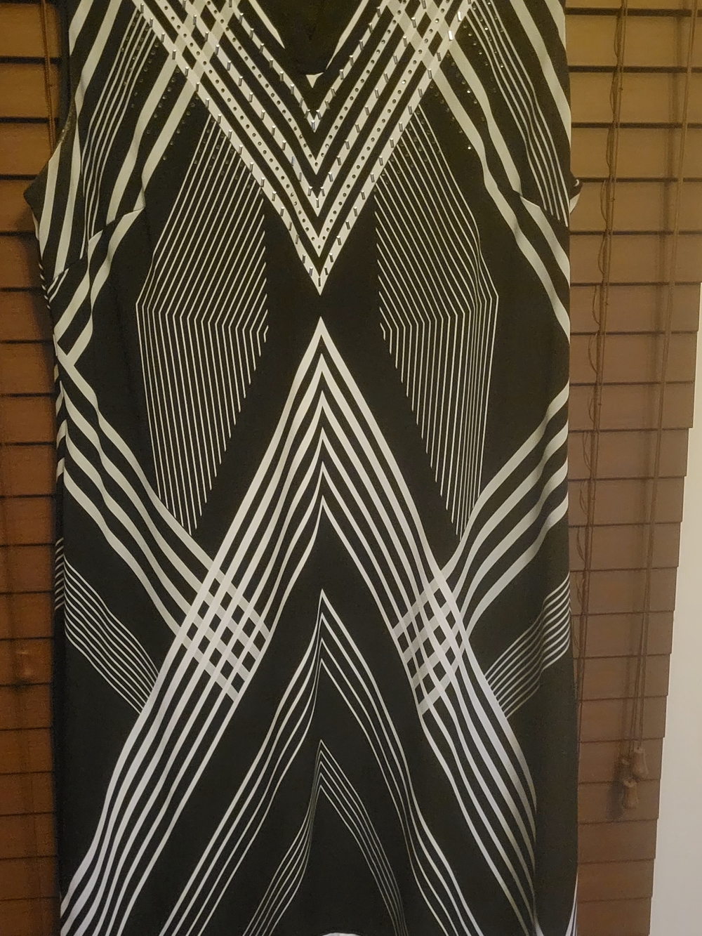 JM Collection Black and White Geometric Midi With Silver Embellishment Dress